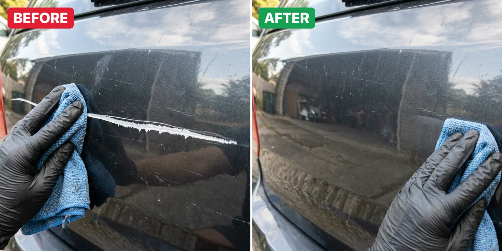 Before and after: scuff on a silver bumper